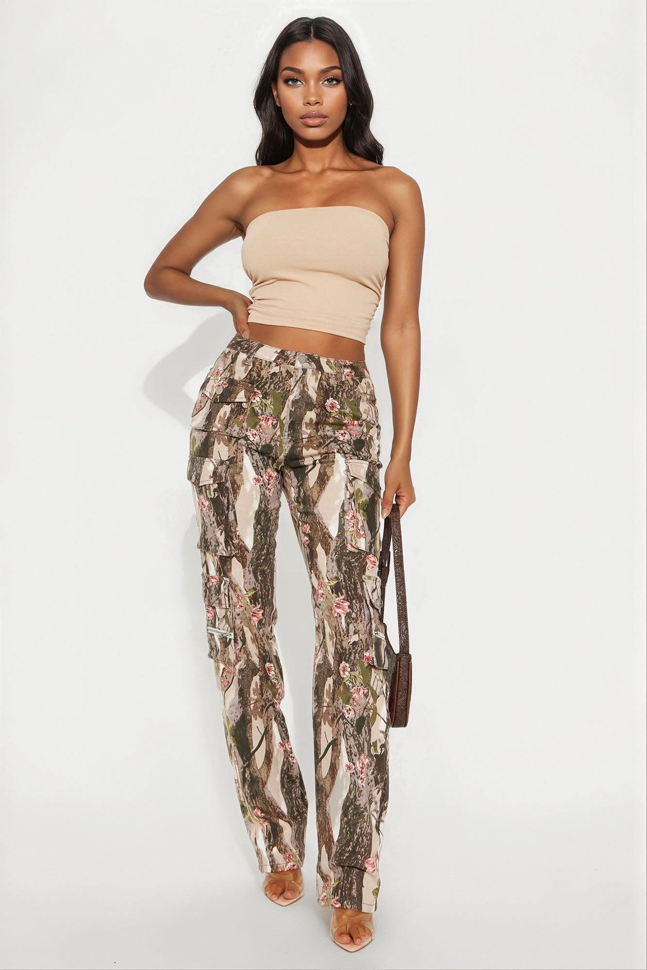 Tall By A Long Shot Floral Camo Stretch Cargo Jeans - Taupe/combo Female Product Image