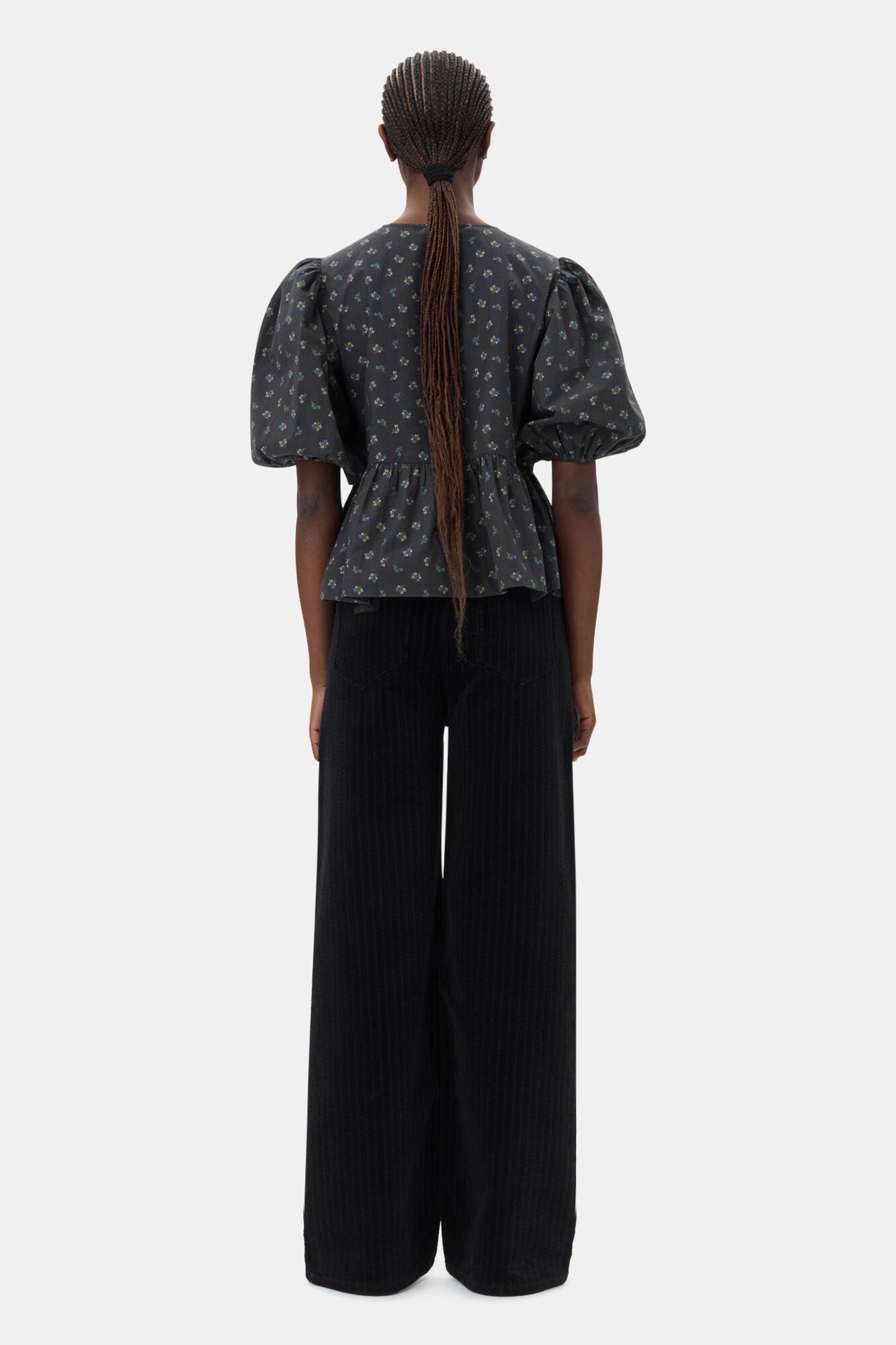 Black Printed Cotton Peplum Blouse Product Image