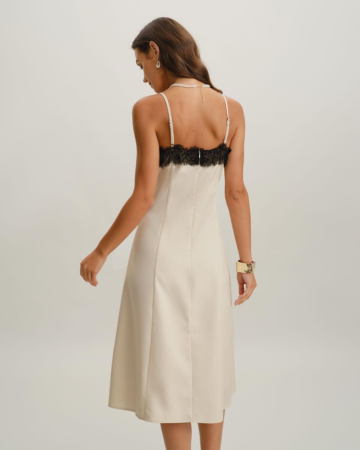 White Lace Contrasting Slip Midi Dress Product Image