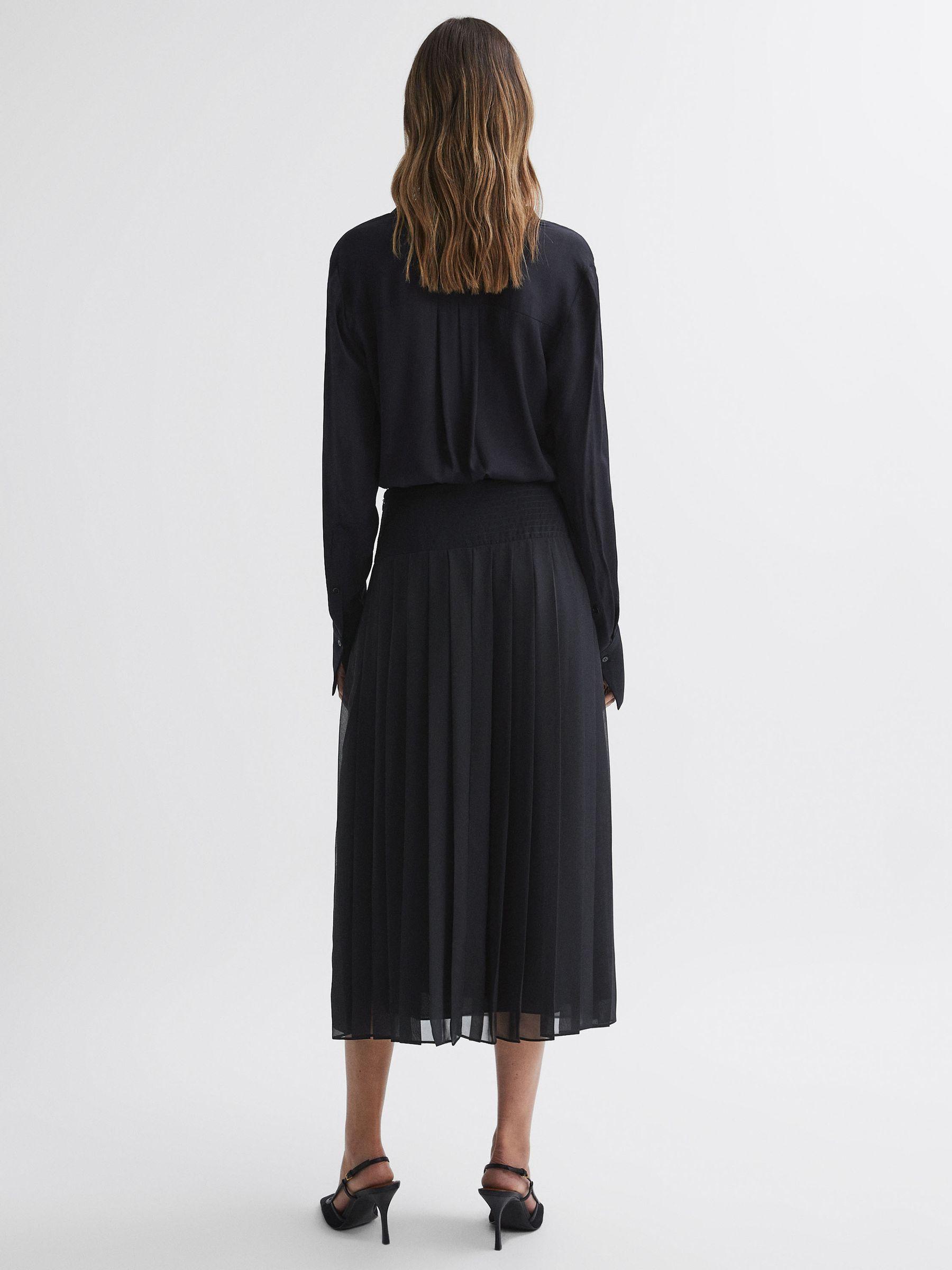 Pleated Long Sleeve Midi Dress in Navy Product Image
