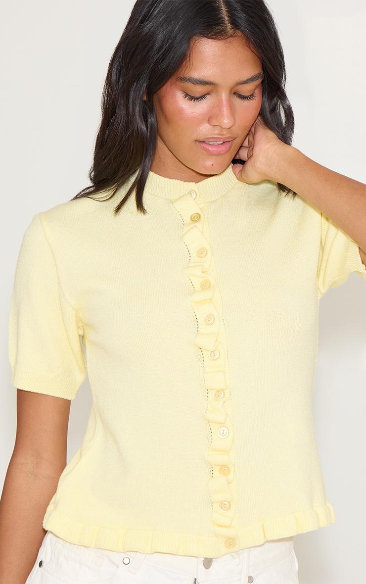Yellow Knit Ruffle Detail Short Sleeve Cardigan Product Image