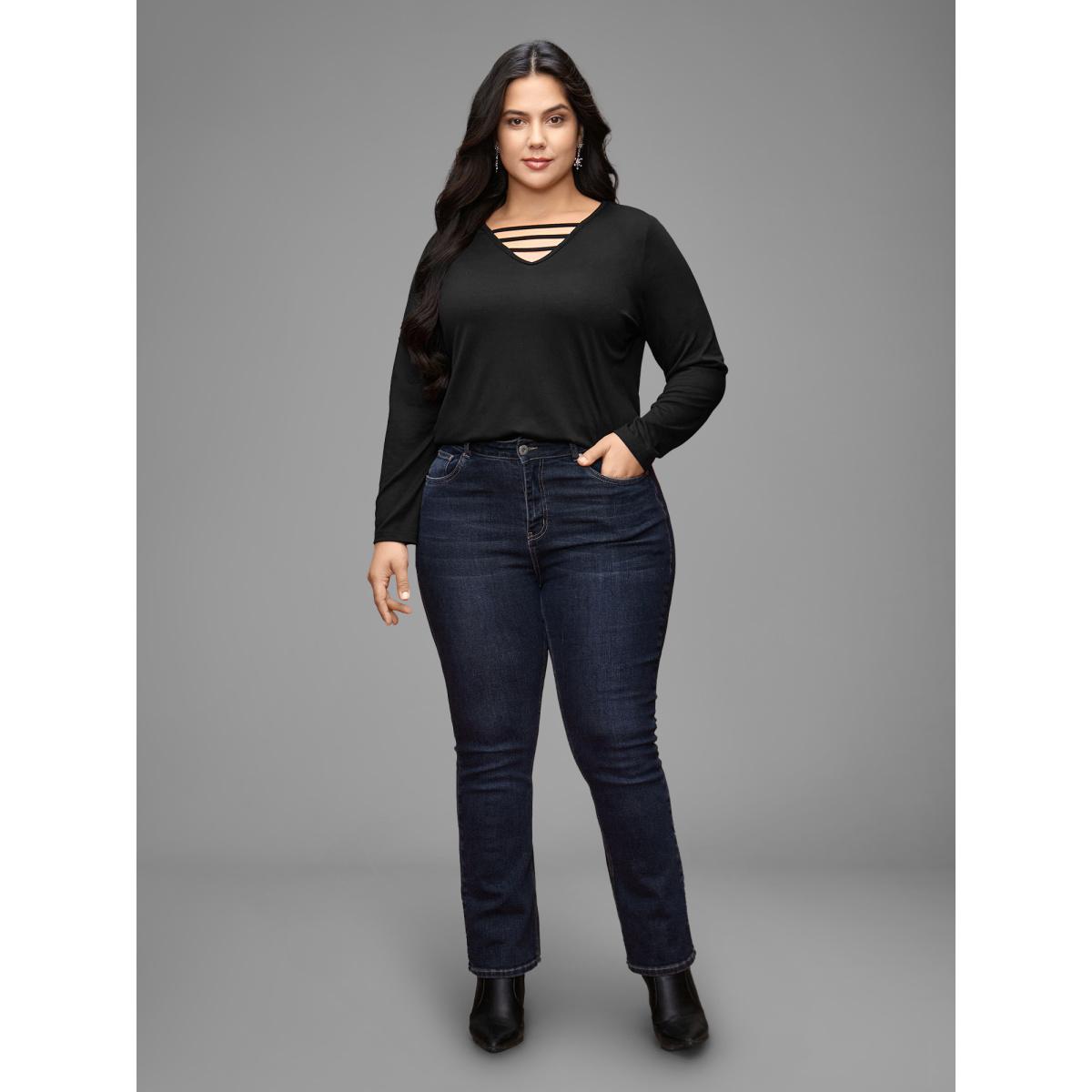 Plus Size V-neck Cut Out Straight Fit Tee Black Women Casual Cut-Out V-neck Everyday T-shirts BloomChic 14-16/1X Product Image