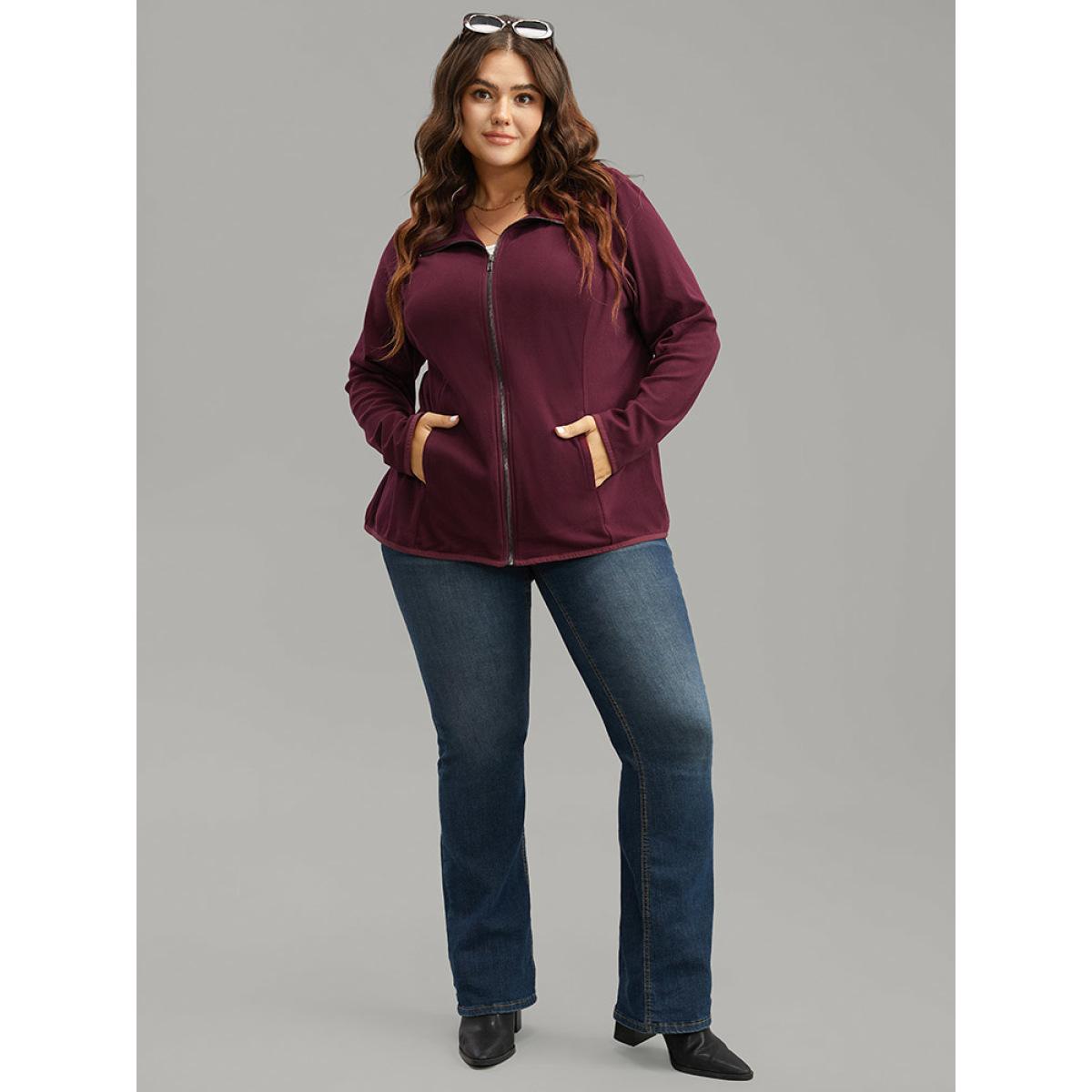 Plus Size Plain Zipper Fly Lapel Collar Jacket Women Burgundy Plain Pocket Dailywear Jackets BloomChic 18-20/2X Product Image