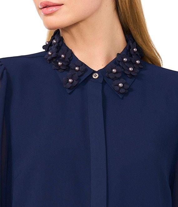 CeCe Georgette Floral 3D Applique Pointed Collar Long Sleeve Hidden Button Front Blouse Product Image