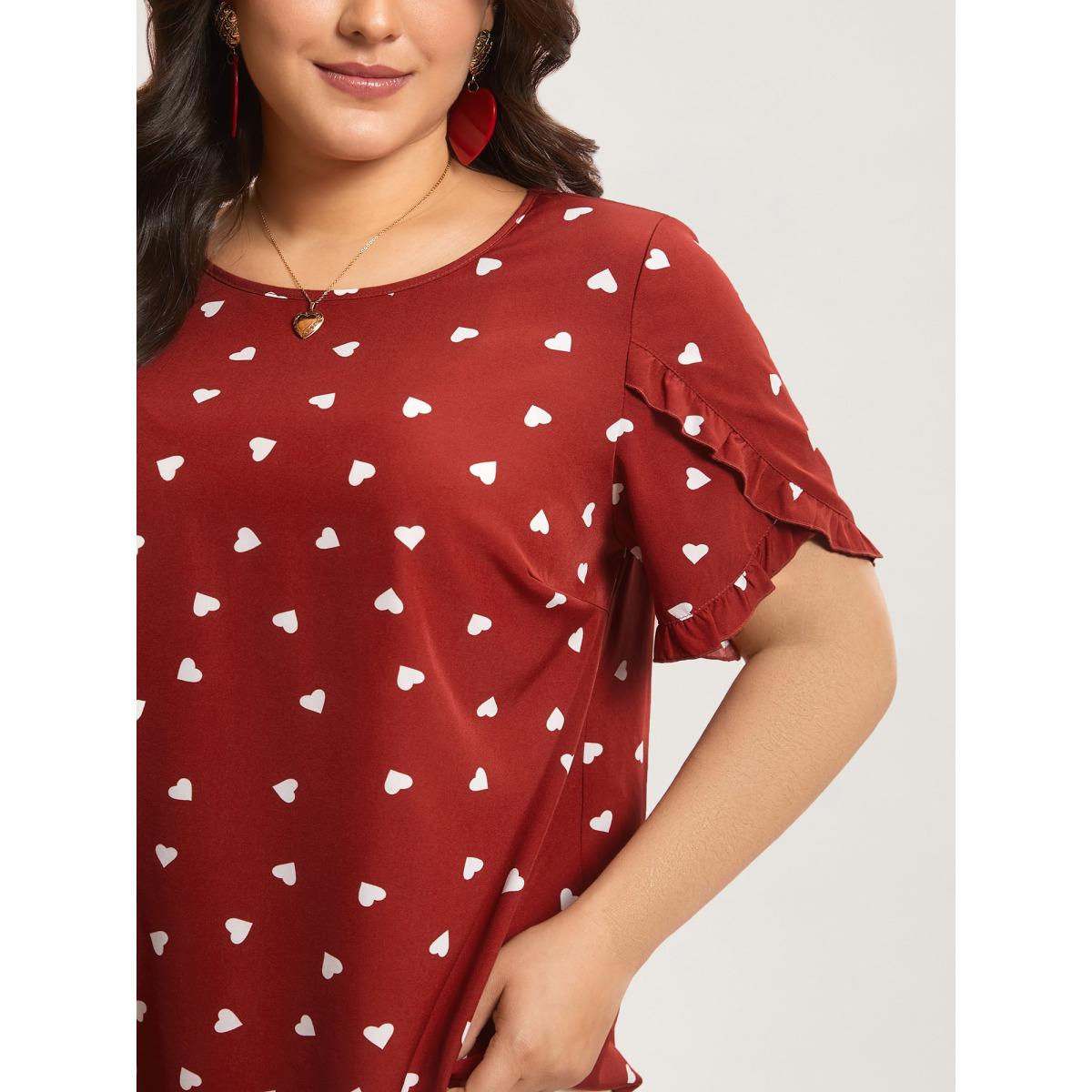Plus Size Scarlet Ruffled Overlap Sleeve Heart Pattern Blouse Women Retro Short sleeve Round Neck Elegant Blouses BloomChic 26/4X Product Image