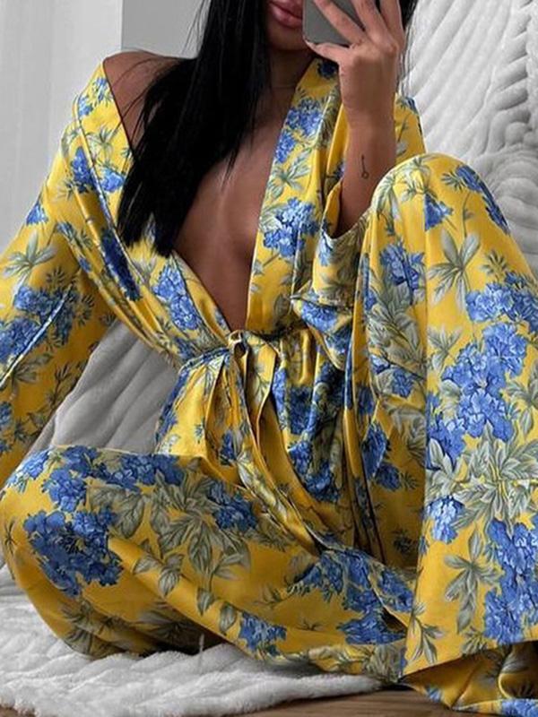 Loose Printed Split-Joint Deep V-Neck Lace-Up Blouse + Drawstring Elasticity Pants Trousers Two Pieces Set Product Image