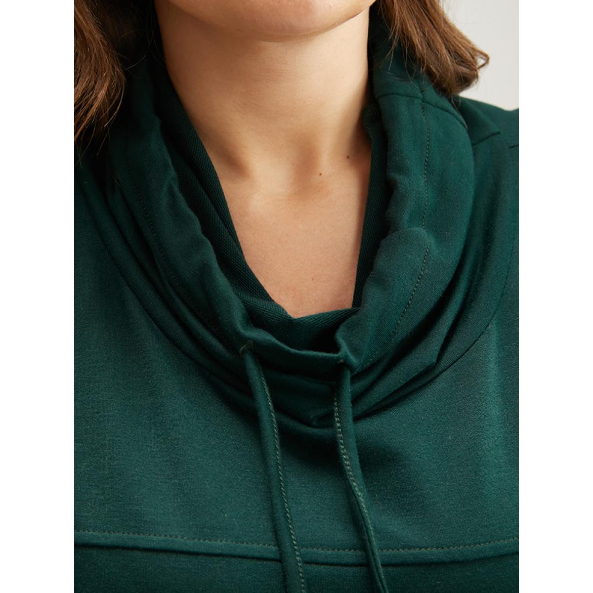 Plus Size Solid Pocket Dolman Sleeve Drawstring Sweatshirt Women DarkGreen Casual Asymmetrical Turtleneck Dailywear Sweatshirts BloomChic 10/M Product Image