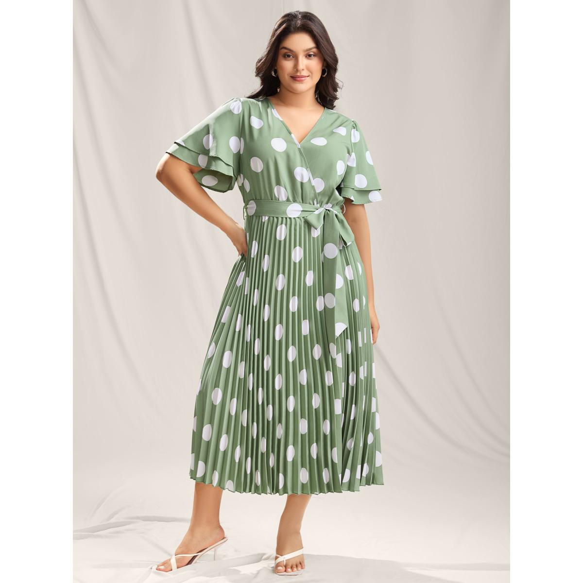 Plus Size Polka Dots Print Plicated Detail Maxi Dress Sage Women Overlap Collar Short sleeve Curvy BloomChic 10/M Product Image