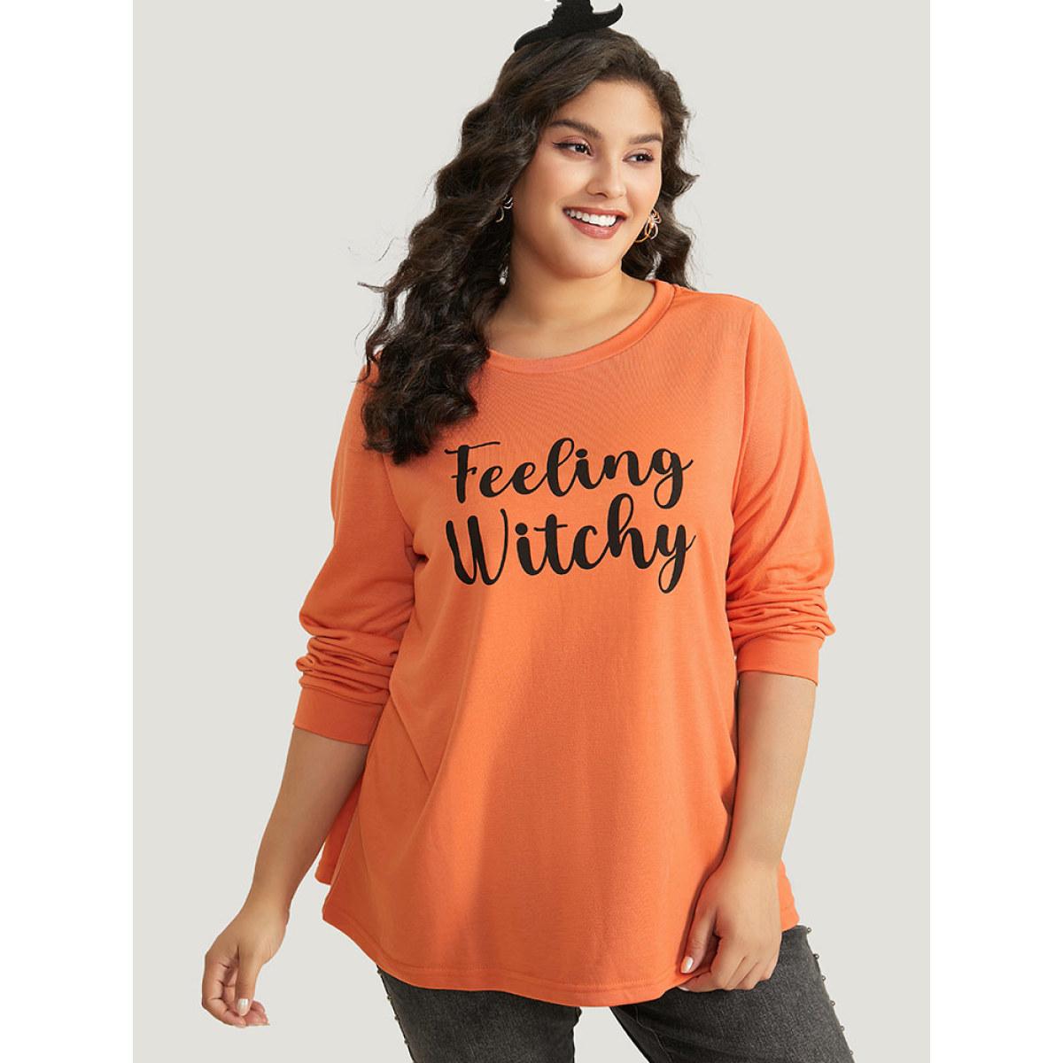 Plus Size Halloween Letter Print Round Neck Sweatshirt Women OrangeRed Casual Elastic cuffs Festival-Halloween Sweatshirts BloomChic 10/M Product Image