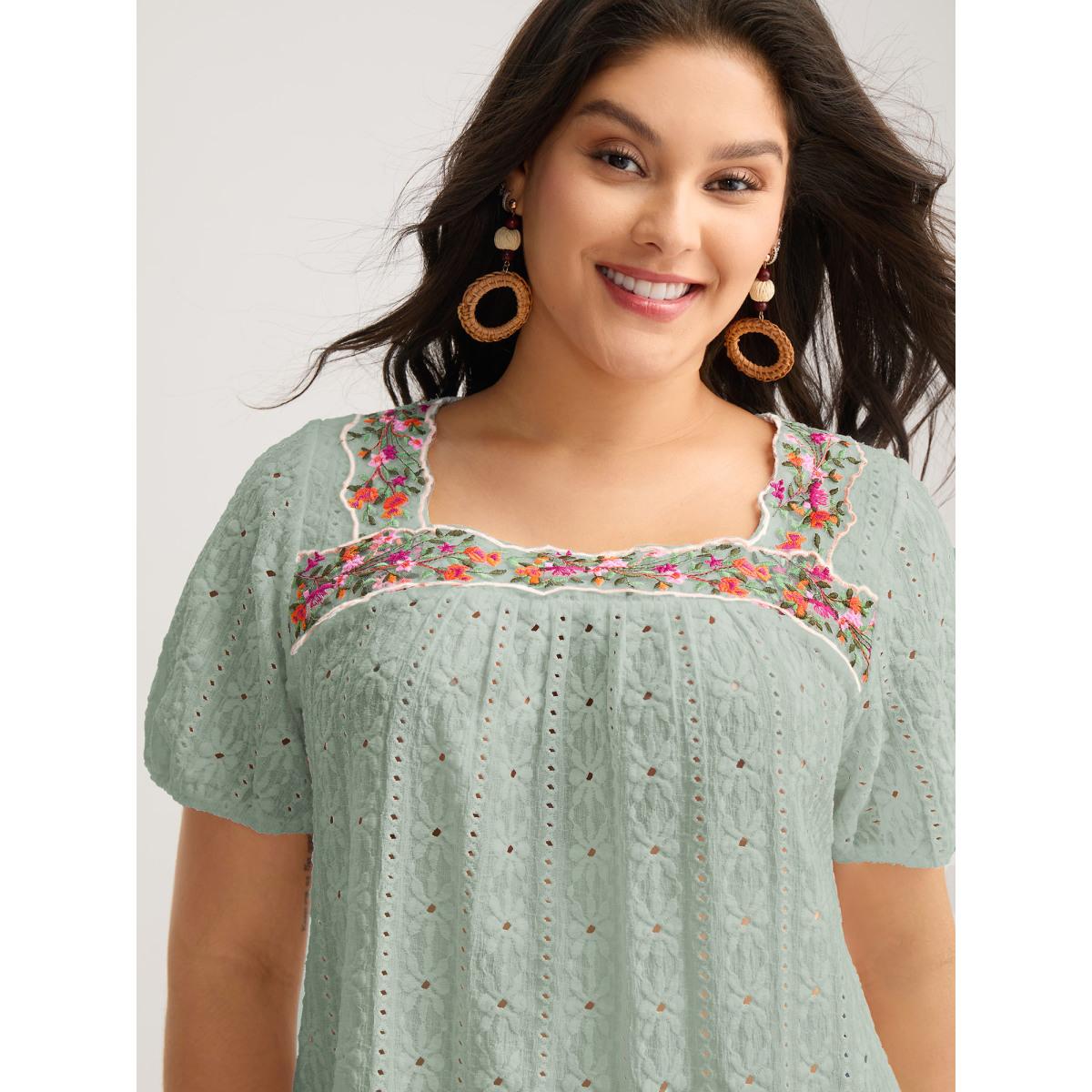 Plus Size Eyelet Trim Floral Embroidered Solid T-Shirt Mint Women Romantic Woven ribbon&lace trim Square Neck Elegant T-shirts BloomChic 14-16/1X Product Image