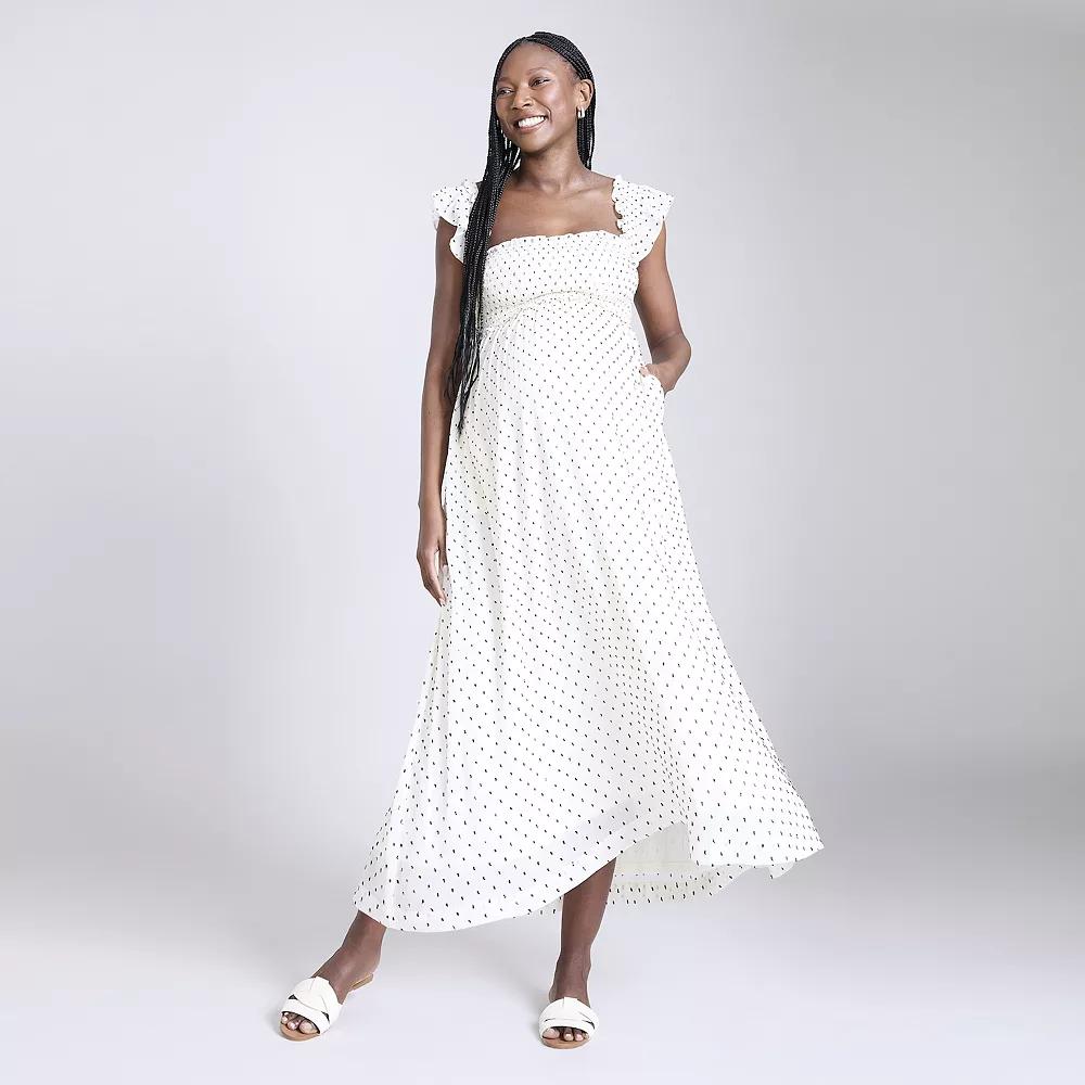 Maternity Motherhood® Sleeveless Ruffle Shoulder Smocked Dress, Women's, Size: XS-MAT, White Clip Dot Product Image