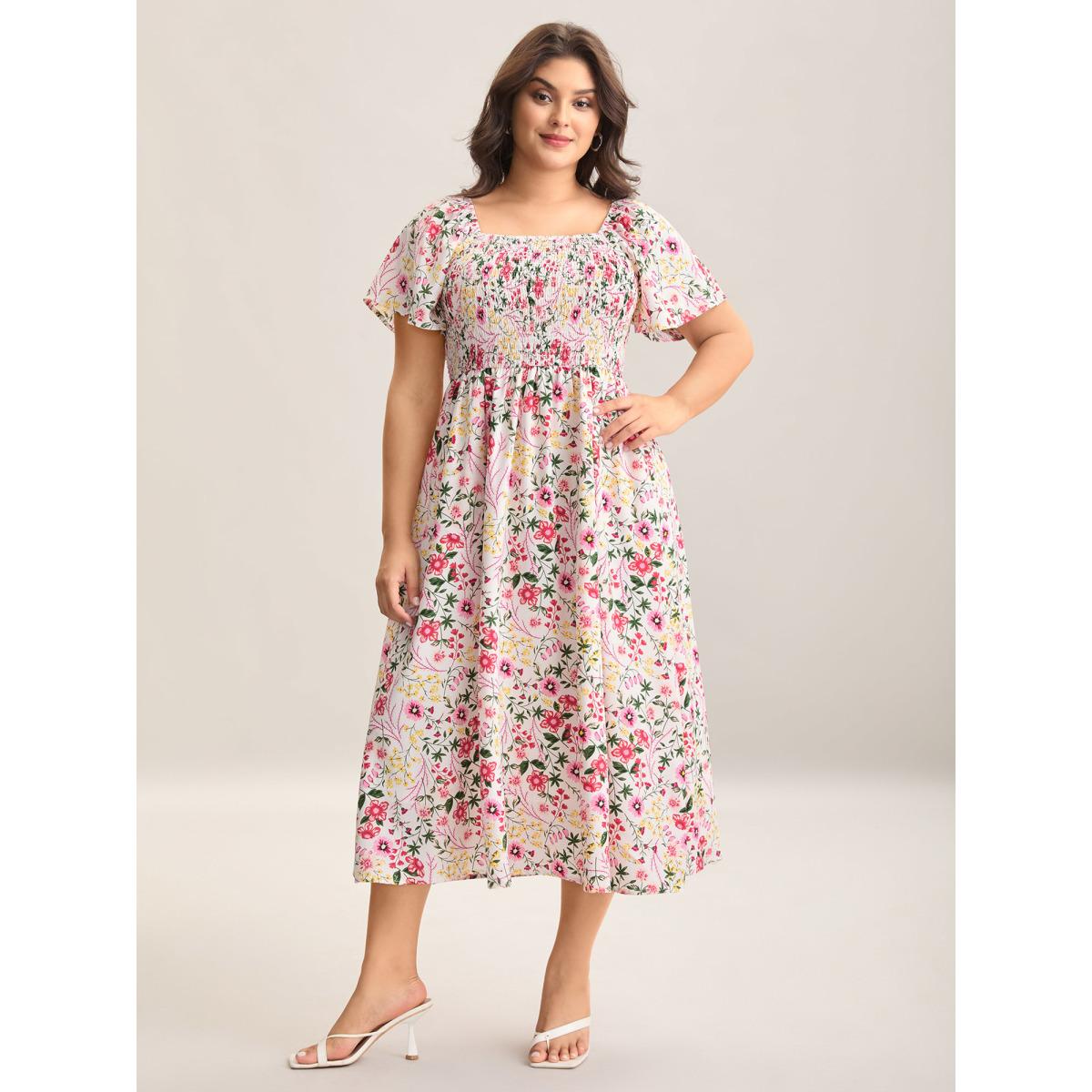 Plus Size Floral Shirred Square Neck Pocket Midi Dress WhiteSmoke Women Romantic Non Square Neck Short sleeve Curvy Midi Dress BloomChic 26/4X Product Image