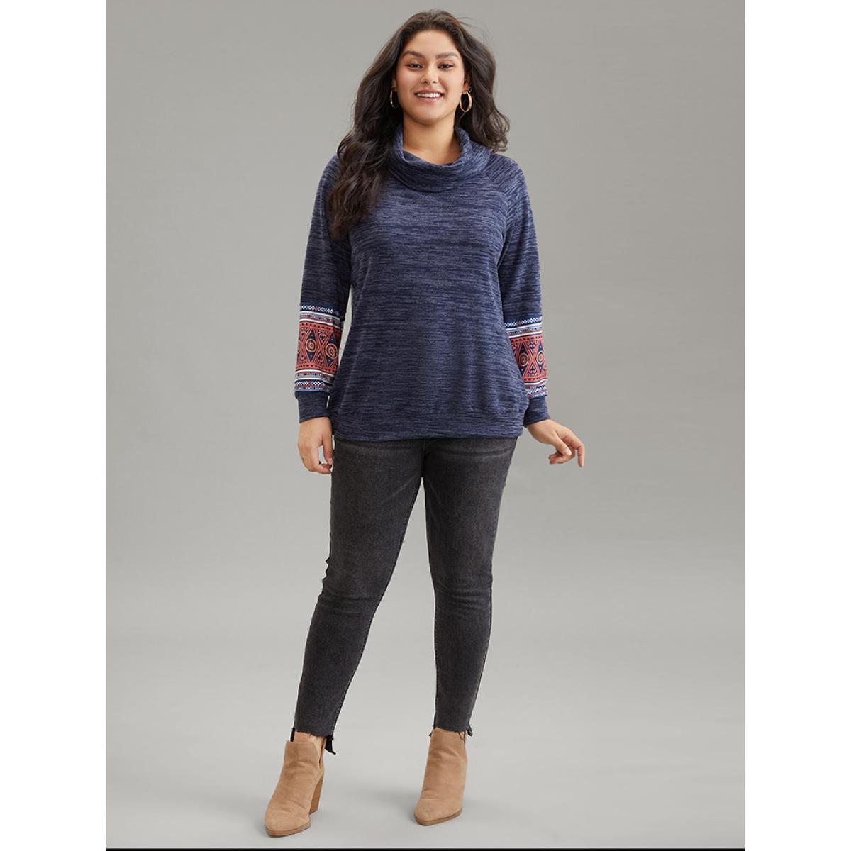 Plus Size Heather Boho Print Raglan Sleeve Turtleneck Sweatshirt Women Blue Casual Heather Turtleneck Dailywear Sweatshirts BloomChic 30/6X Product Image