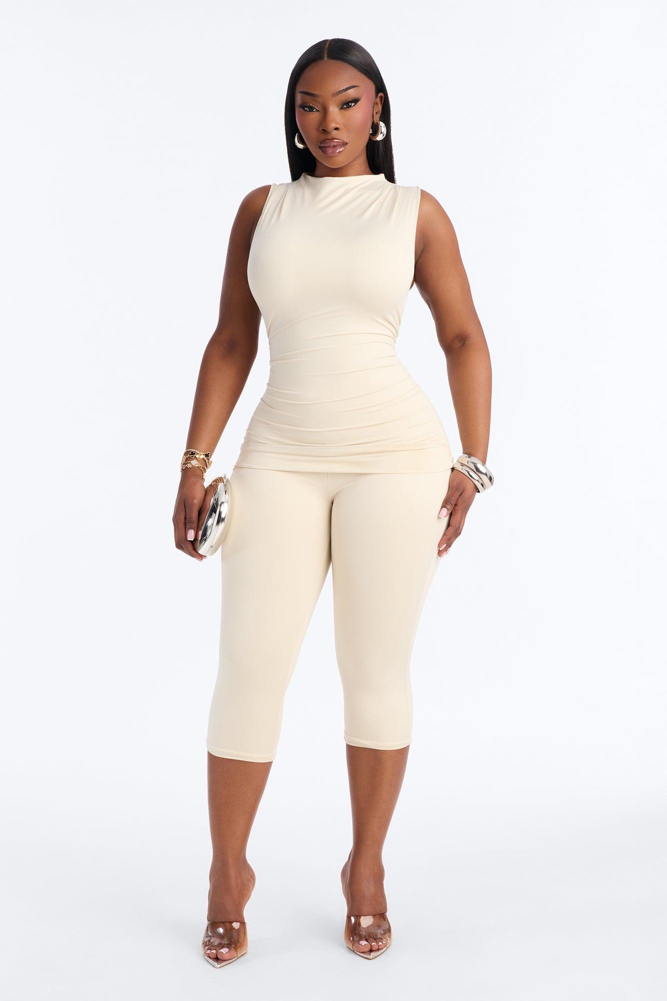 Contour Double Lined Ruched Mock Neck Sleeveless Top - Bone Female Product Image