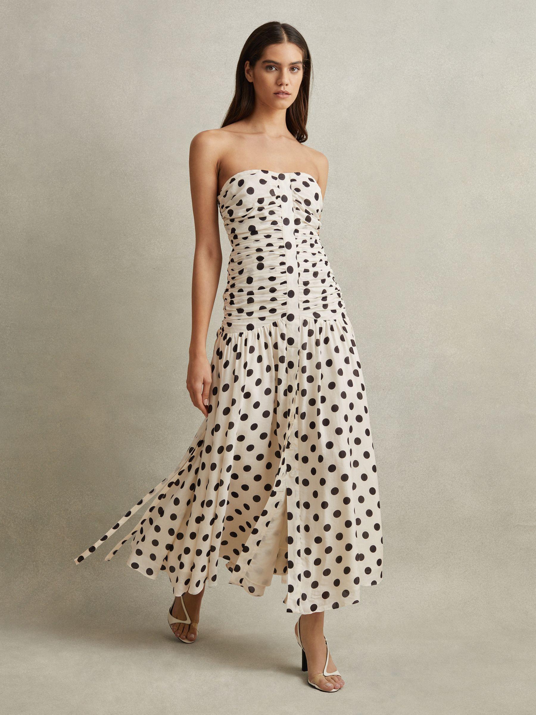 Viscose Linen Polka Dot Ruched Maxi Dress in White/Black Product Image
