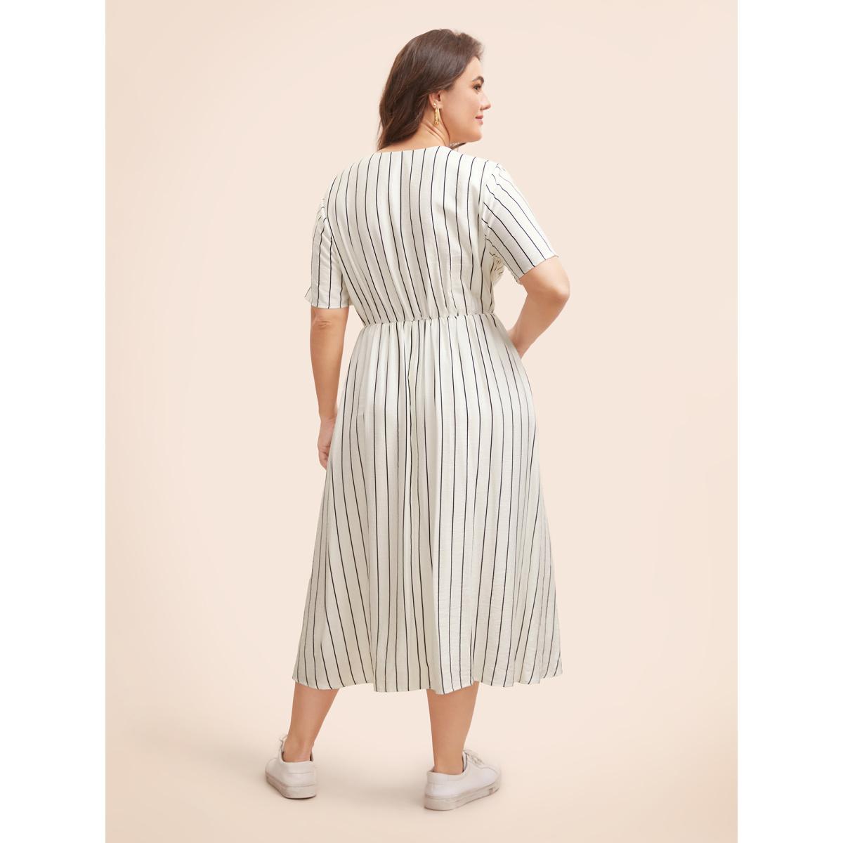 Plus Size Striped V Neck Pocket Midi Dress Ivory Women Casual Non V-neck Short sleeve Curvy BloomChic 14-16/1X Product Image