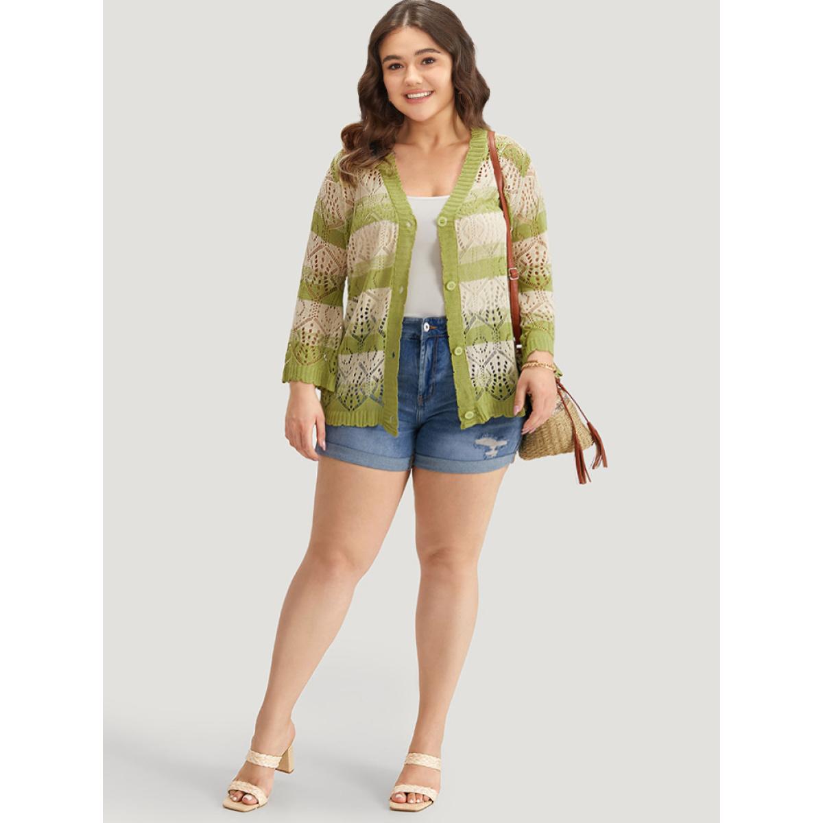 Plus Size Striped Contrast Button Front Cardigan LightGreen Women Casual Loose Long Sleeve Everyday Cardigans BloomChic 22-24/3X Product Image