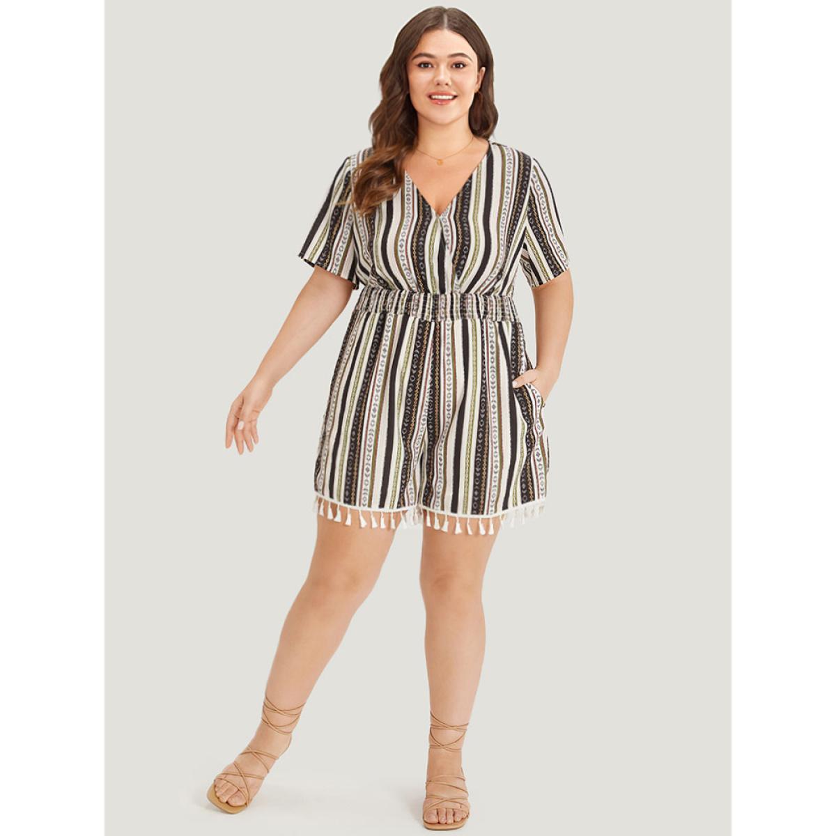 Plus Size Multicolor Boho Print Shirred Cut Out Tassel Trim Romper Women Elegant Short sleeve V-neck Dailywear Loose Jumpsuits BloomChic 30/6X Product Image