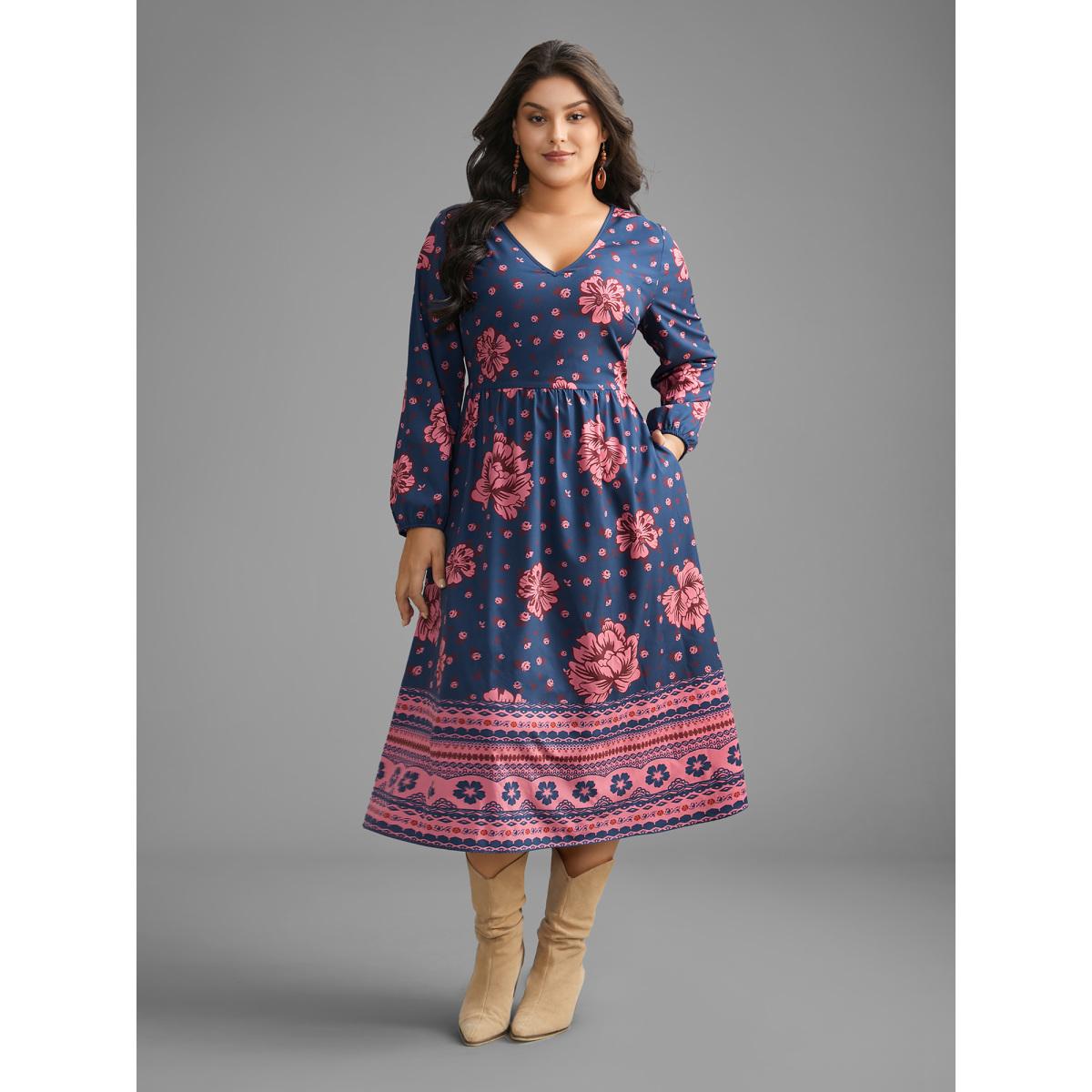 Plus Size Boho Print V Neck Elastic Waist Dress Midnight Women Resort Non V-neck Long Sleeve Curvy BloomChic 26/4X Product Image