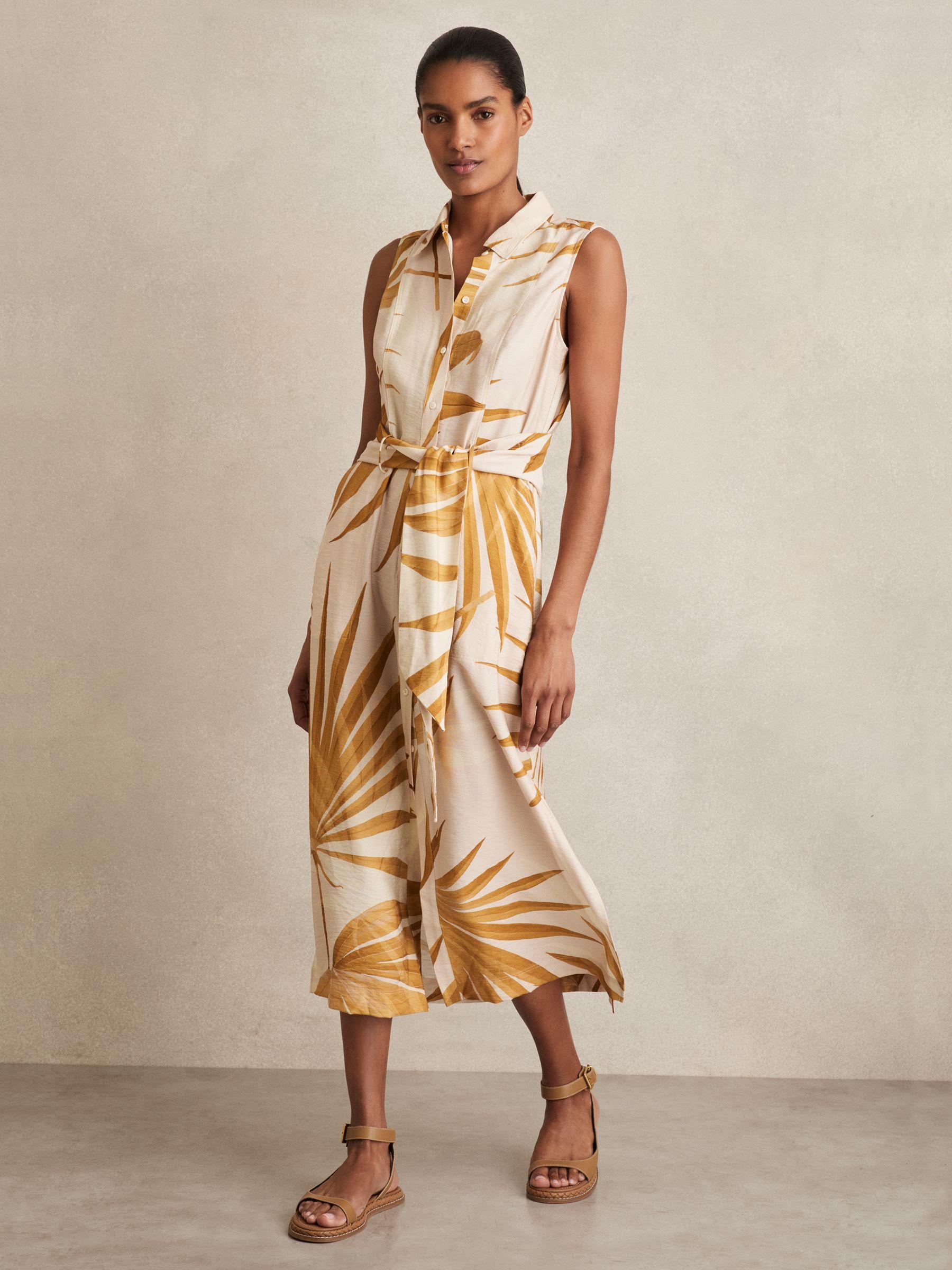 Petite Cotton Craft-Stitch Shirred Midi Dress in Khaki Product Image