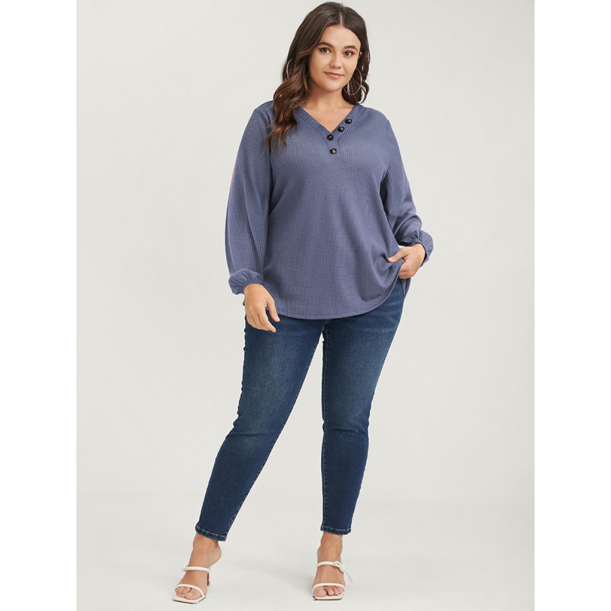 Plus Size Solid Lantern Sleeve Button V Neck Waffle Knit Long Tee Stone Women Casual Button Plain V-neck Dailywear T-shirts BloomChic 12/L Product Image