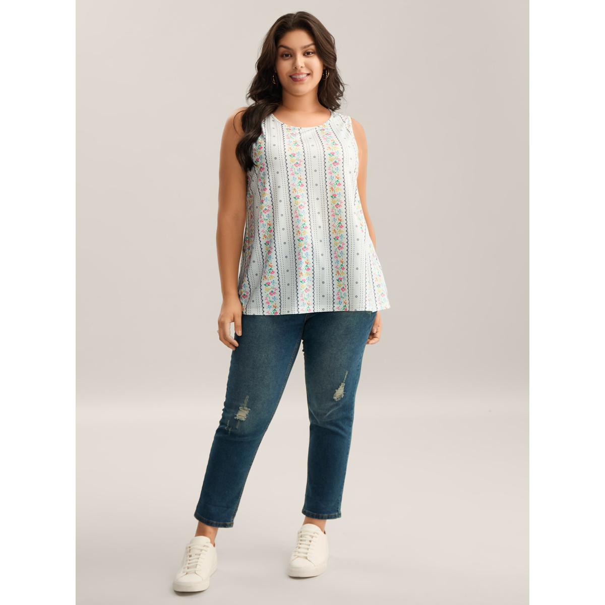 Plus Size Floral Print Panels Fitted Tank Top Women Originalwhite Leisure Non Round Neck Casual Tank Tops Camis BloomChic 26/4X Product Image