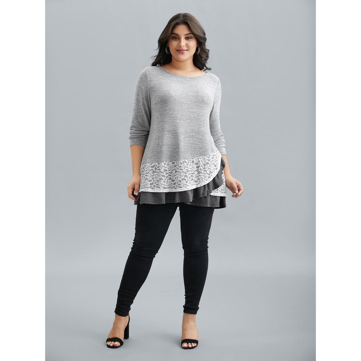 Plus Size Lace Overlap Hem Round Neck T-Shirt LightGray Women Casual Overlapping Round Neck Everyday T-shirts BloomChic 12/L Product Image