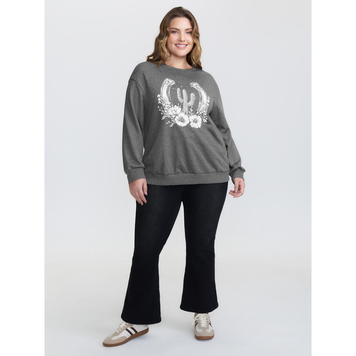 Plus Size Floral Cactus Drop Shoulder Sweatshirt Women DarkGray Leisure Texture Round Neck Casual Sweatshirts BloomChic 22-24/3X Product Image