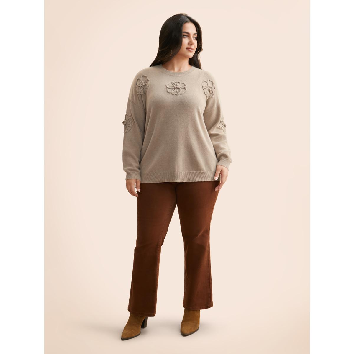 Plus Size Supersoft Essentials Stereo Flower Design Pullover Apricot Women Playful Loose Long Sleeve Round Neck Casual Pullovers BloomChic 12/L Product Image