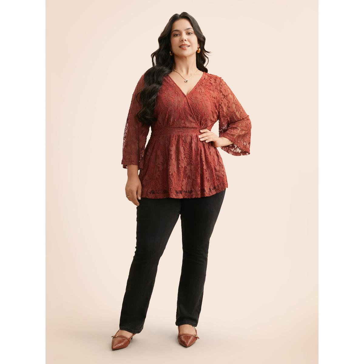Plus Size Russet Crochet Lace Mesh Bell Sleeve Blouse Women Elegant Long Sleeve Overlap Collar Everyday Blouses BloomChic 10/M Product Image