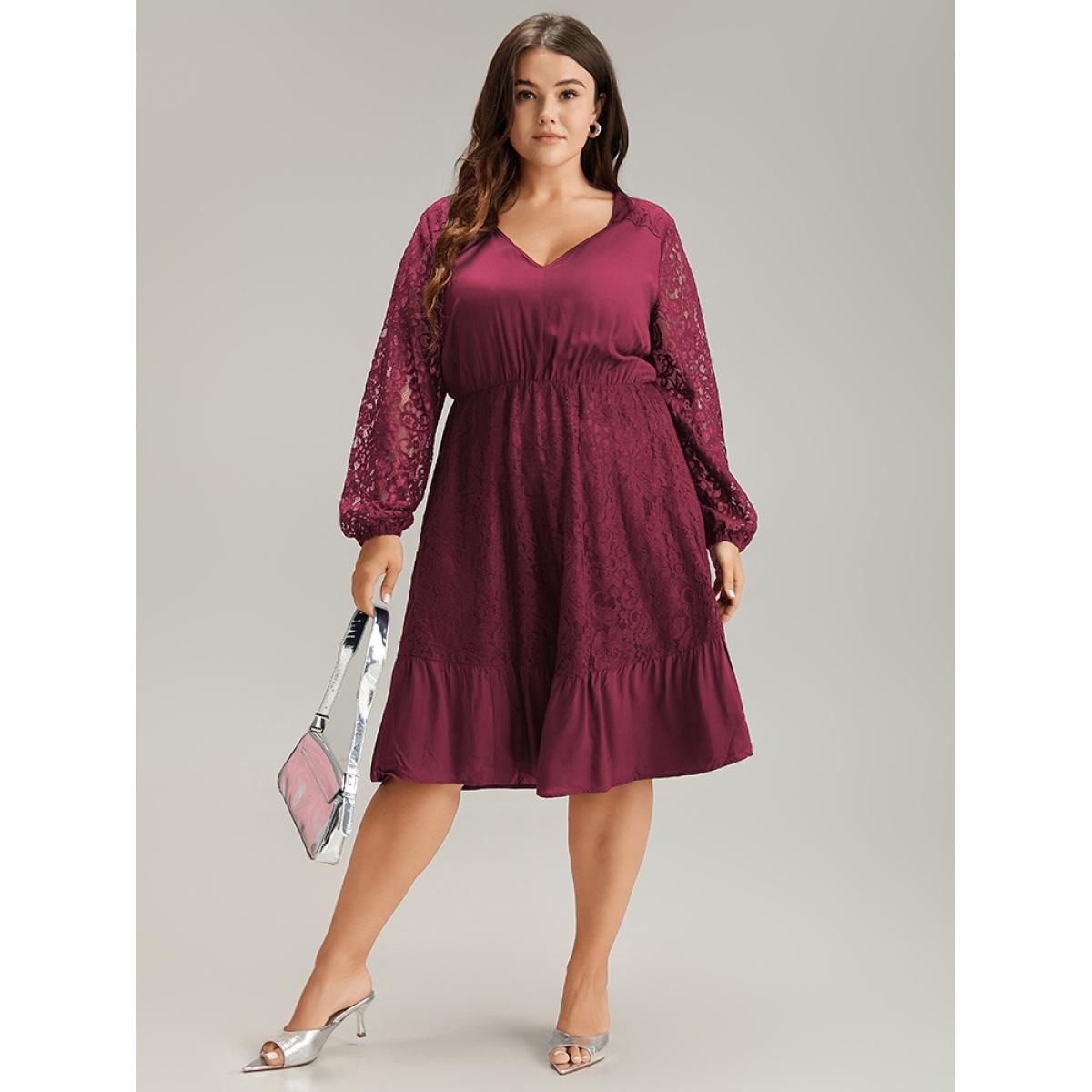 Plus Size Lace Panel Mesh Flutter Hem Dress Burgundy Women Elegant Elastic cuffs V-neck Long Sleeve Curvy Midi Dress BloomChic 22-24/3X Product Image