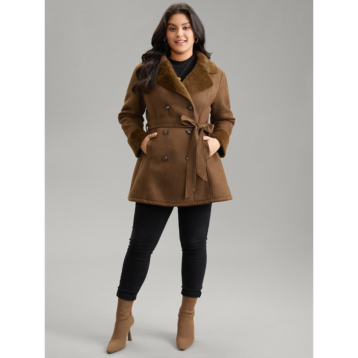 Plus Size Fuzzy Patchwork Double Breasted Belted Jacket Women Bronze Pocket Belt Everyday Jackets BloomChic 14-16/1X Product Image