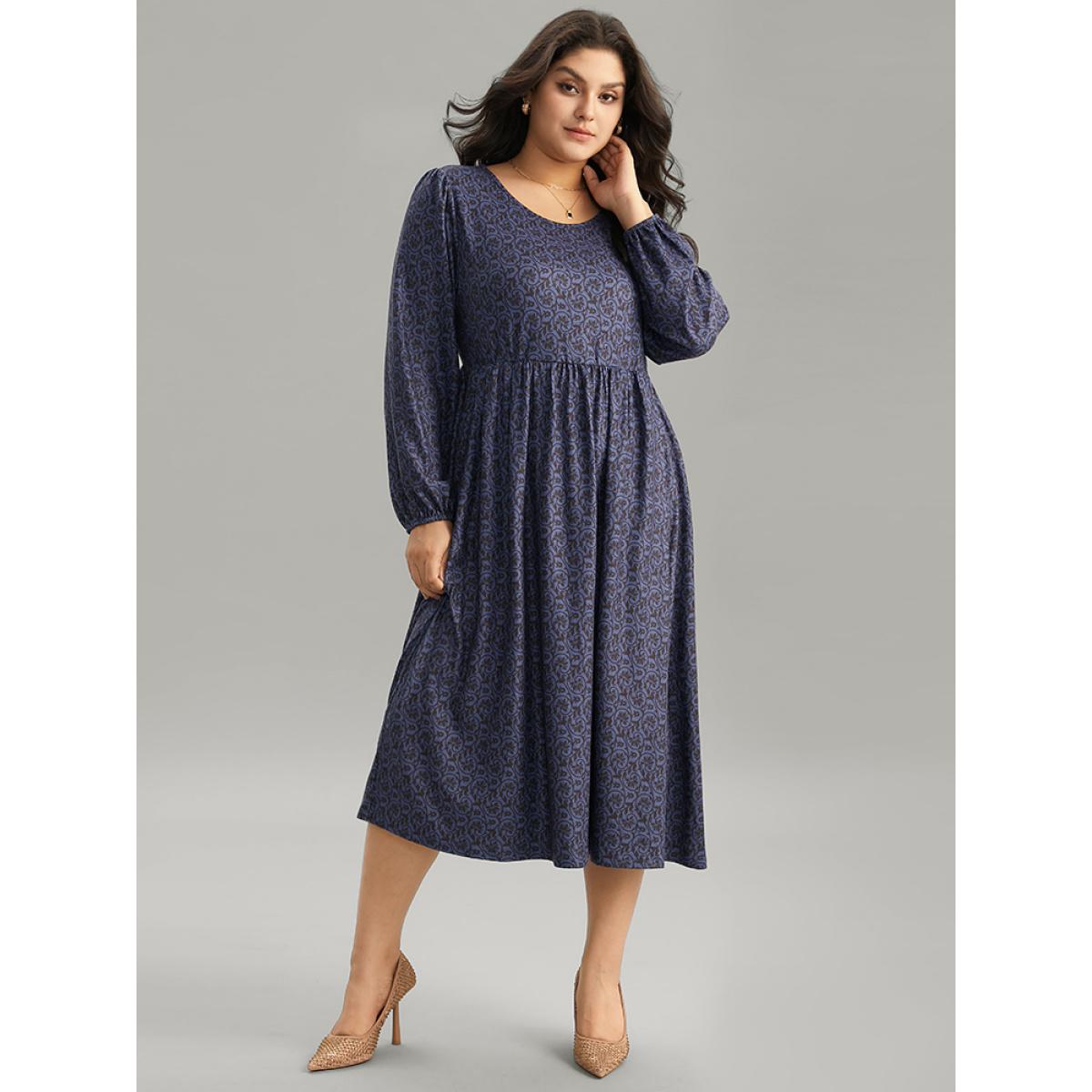 Plus Size Geometric Elastic Waist Pocket Gathered Dress DarkBlue Women Office Elastic cuffs Round Neck Long Sleeve Curvy Midi Dress BloomChic 30/6X Product Image