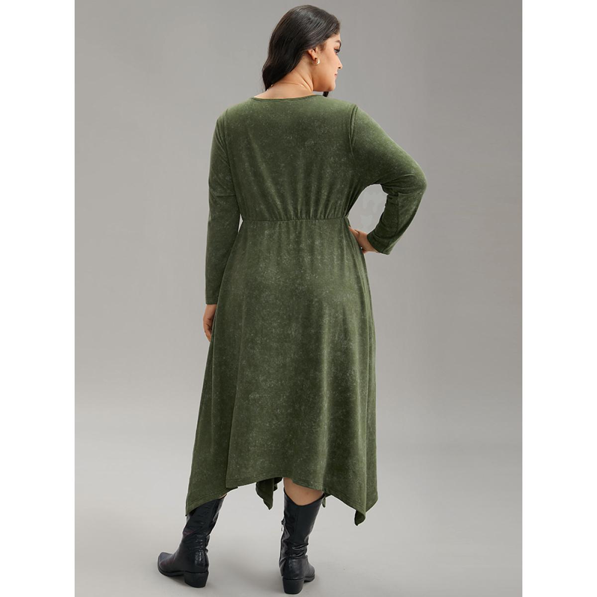 Plus Size Vintage Heather Elastic Waist Hanky Hem Dress ArmyGreen Women Casual Gathered Round Neck Long Sleeve Curvy Midi Dress BloomChic 28/5X Product Image