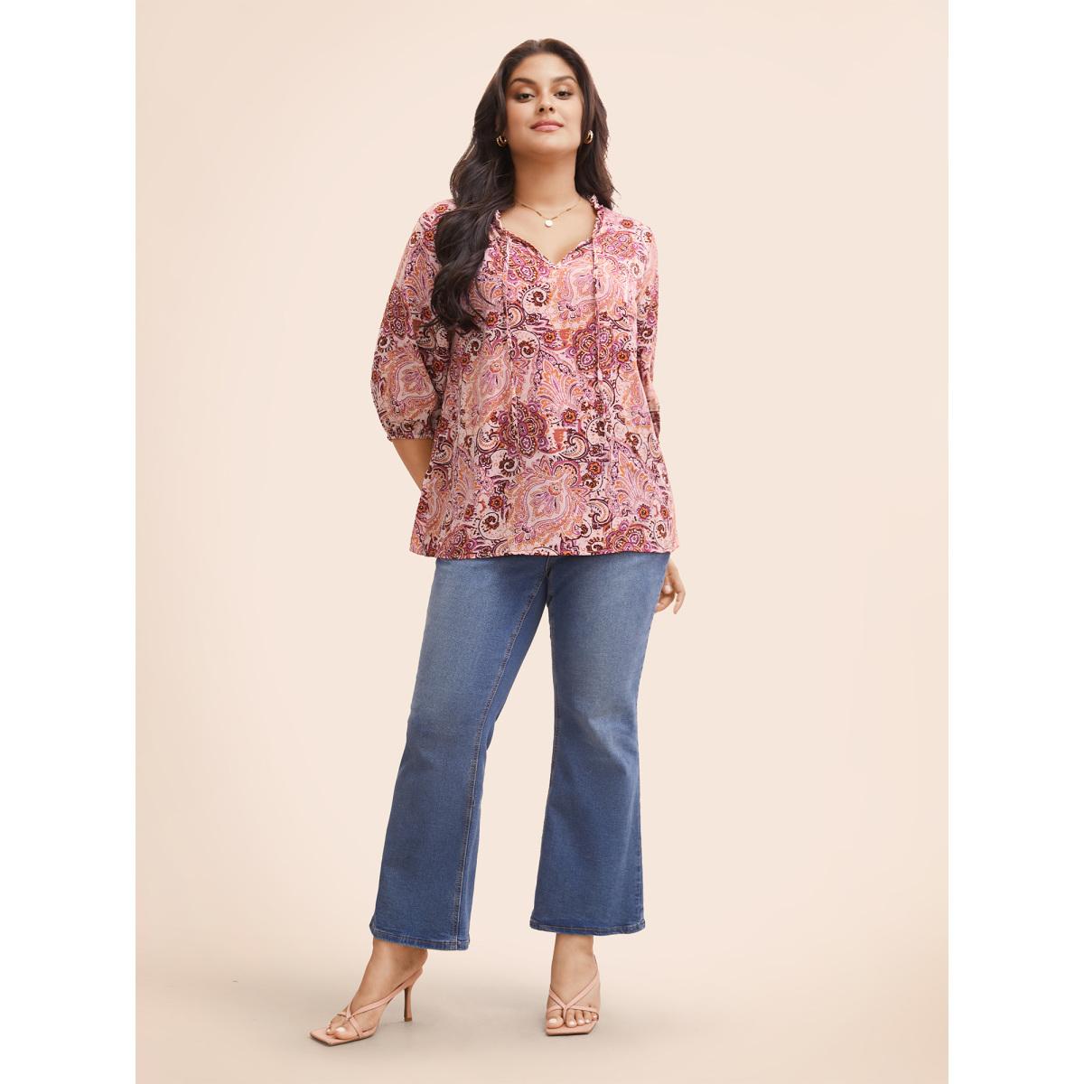 Plus Size Blush Bandana Frill Trim Tie Knot Blouse Women Elegant Elbow-length sleeve Notched collar Everyday Blouses BloomChic 18-20/2X Product Image