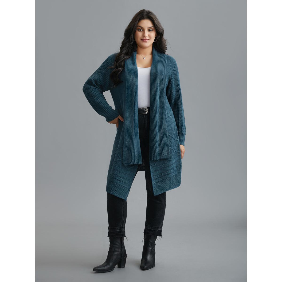 Plus Size Cable Knit Asymmetrical Hem Open-Front Cardigan Cyan Women Casual Loose Long Sleeve Everyday Cardigans BloomChic 28/5X Product Image