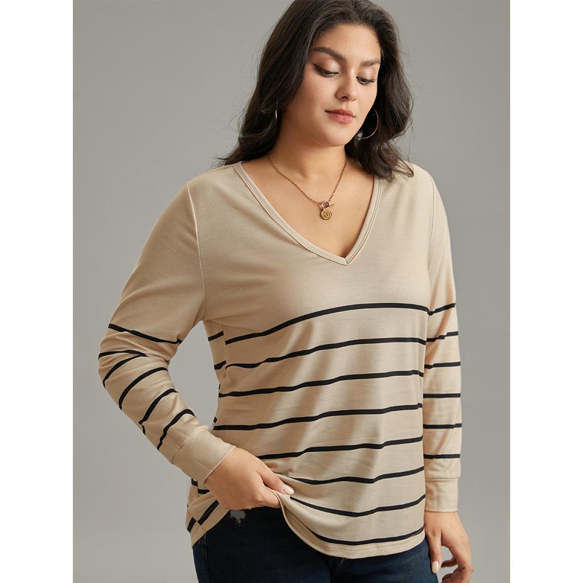 Plus Size Striped Print V Neck T-Shirt Tan Women Casual Printed Striped V-neck Dailywear T-shirts BloomChic 22-24/3X Product Image