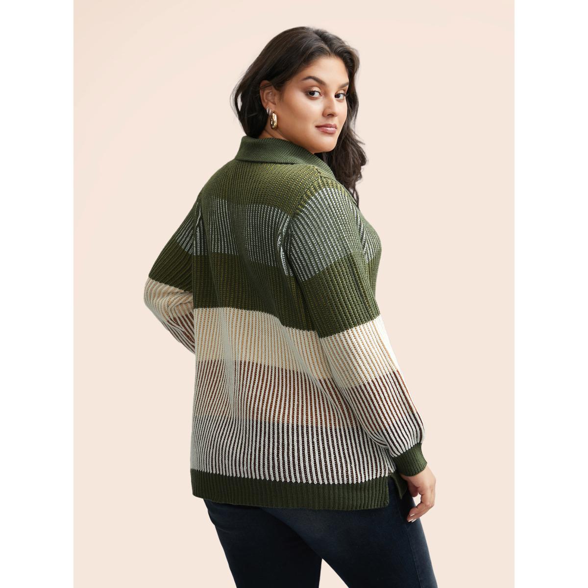 Plus Size Polo Neck Texture Contrast Button Up Pullover ArmyGreen Women Casual Loose Long Sleeve Polo Everyday Pullovers BloomChic 26/4X Product Image