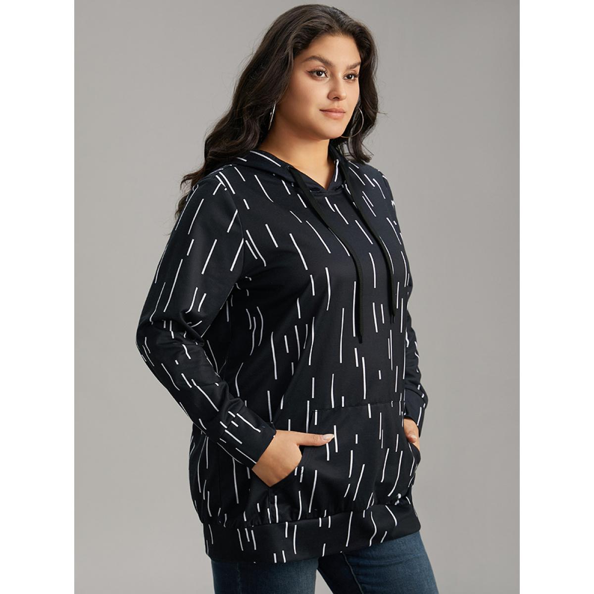 Plus Size Striped Asymmetrical kangaroo pocket Hooded Sweatshirt Women Black Casual Printed Hooded Dailywear Sweatshirts BloomChic 30/6X Product Image