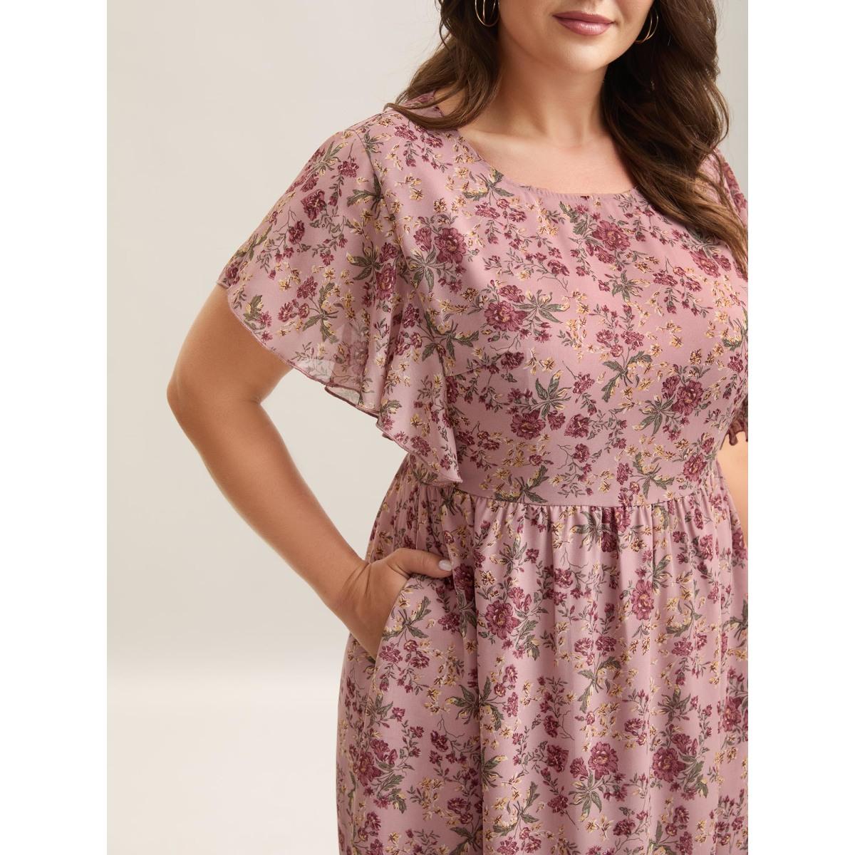 Plus Size Chiffon Floral Print Ruffled Midi Dress Blush Women Romantic Ruffles Round Neck Short sleeve Curvy BloomChic 14-16/1X Product Image
