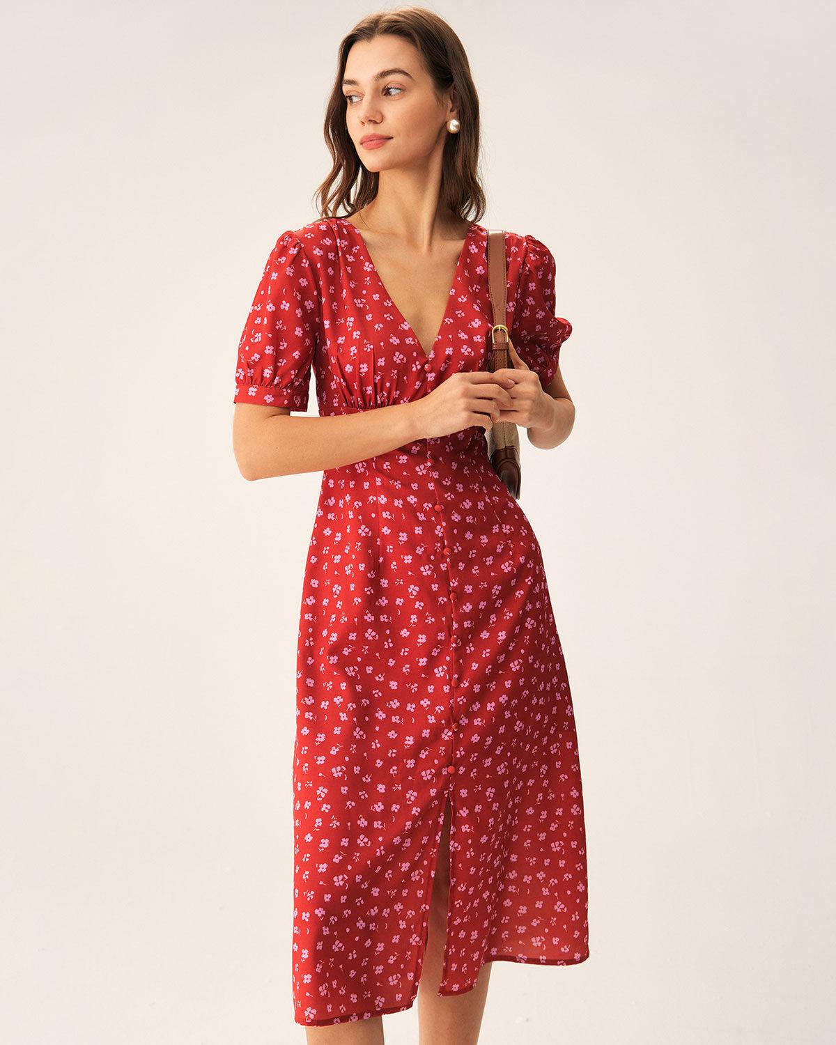 Red Polka Dot Ruched Midi Dress Product Image