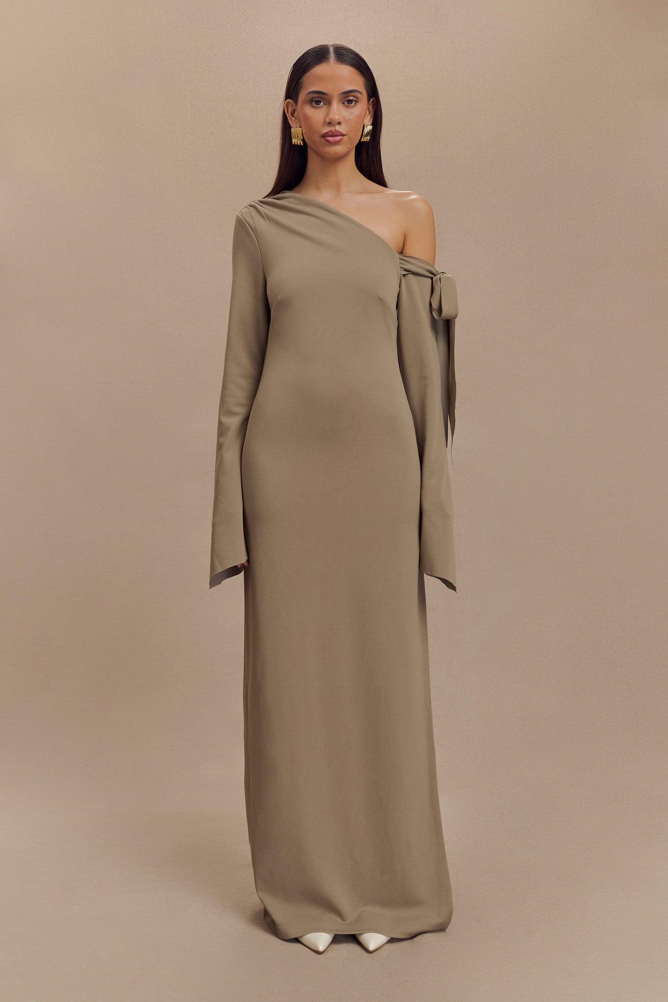 Nicola One Shoulder Crepe Maxi Dress - Mushroom Product Image