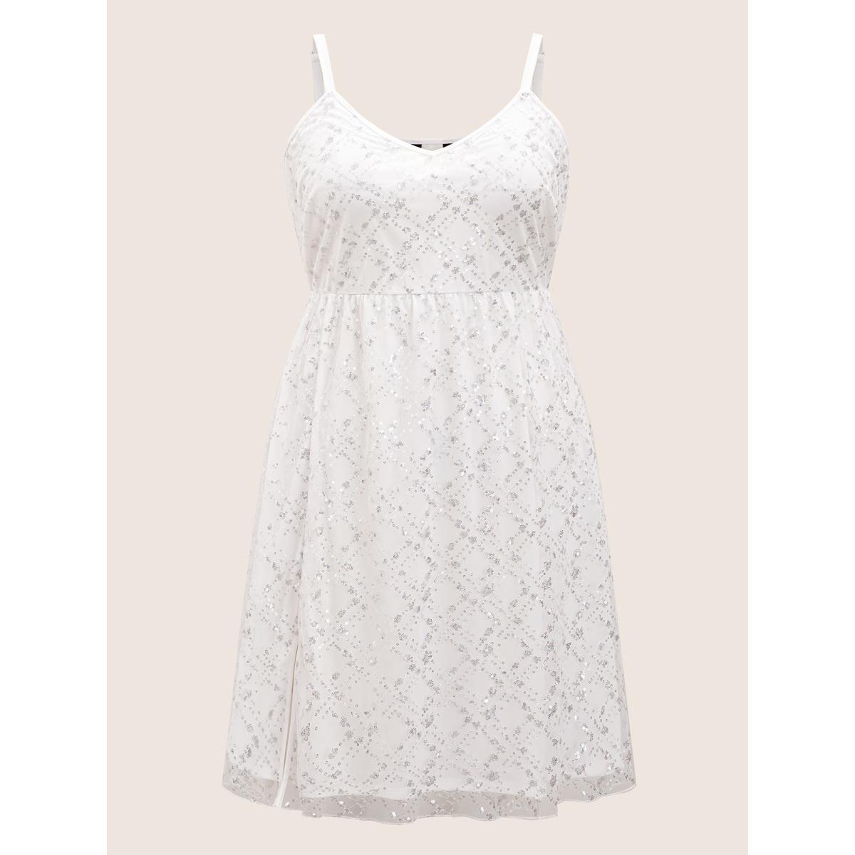 Plus Size Geometric Sequin Mesh Split Hem Midi Dress Silver Women Cocktail Texture V-neck Sleeveless Curvy BloomChic 14-16/1X Product Image