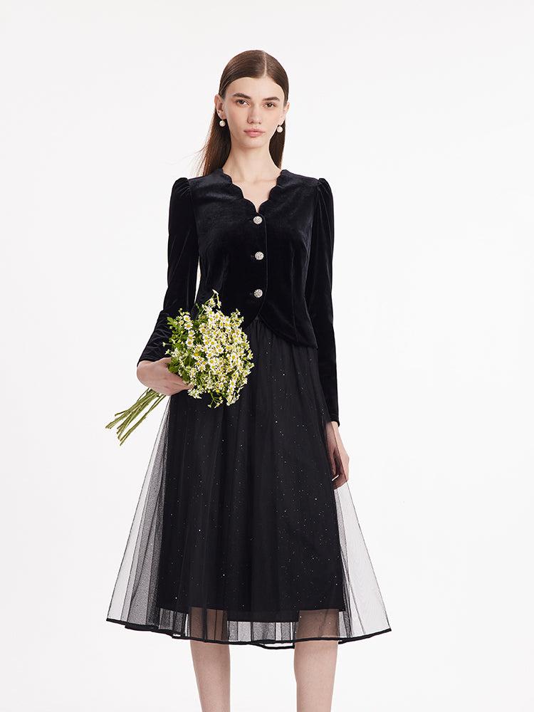 Wave Cut V-Neck Velvet Top And Tulle Skirt Two-Piece Set Product Image