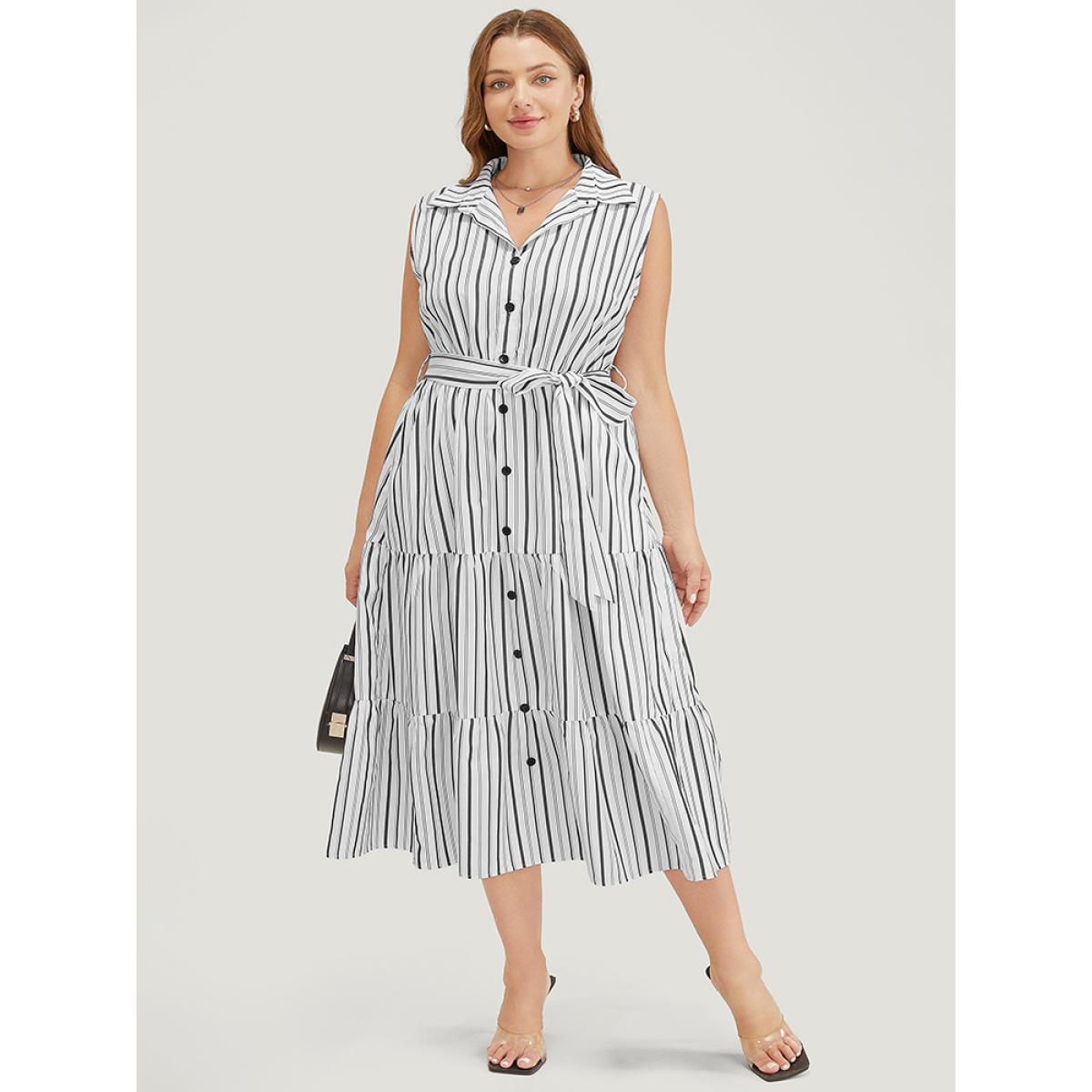 Plus Size Striped Print Pocket Button Detail Belt Sleeveless Dress Ivory Women Office Belted Shirt collar Sleeveless Curvy Midi Dress BloomChic 14-16/1X Product Image