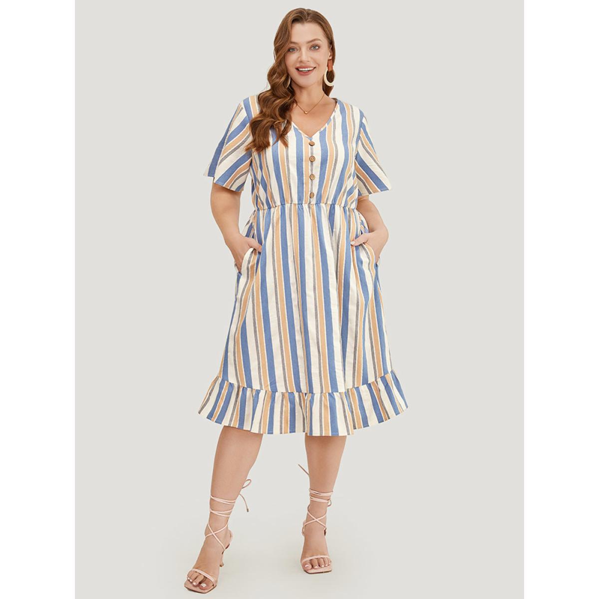 Plus Size Striped Print Button Detail Pocket Flutter Hem Dress Stone Women Vacation Contrast V-neck Short sleeve Curvy Midi Dress BloomChic 18-20/2X Product Image