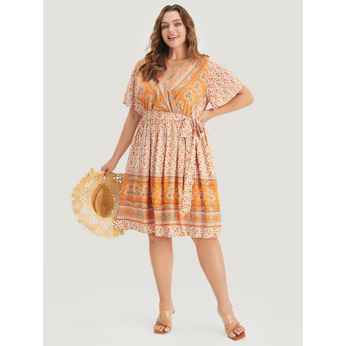 Plus Size Bandana Print Belted Pocket Flutter Surplice Neck Knee Dress Orange Women Vacation Pocket V-neck Short sleeve Curvy Knee Dress BloomChic 14-16/1X Product Image