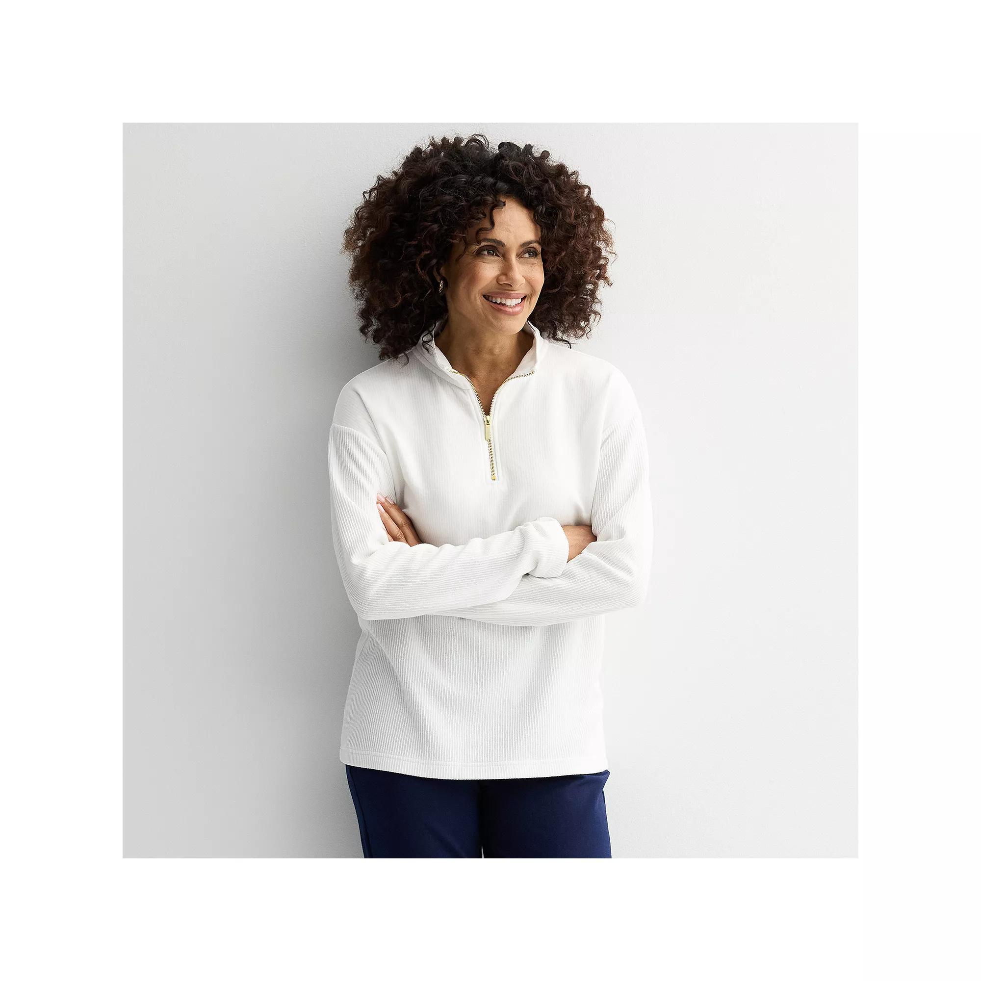 Women's Croft & Barrow® Quarter-Zip Waffle Knit Pullover, Size: Large, White Knight Product Image