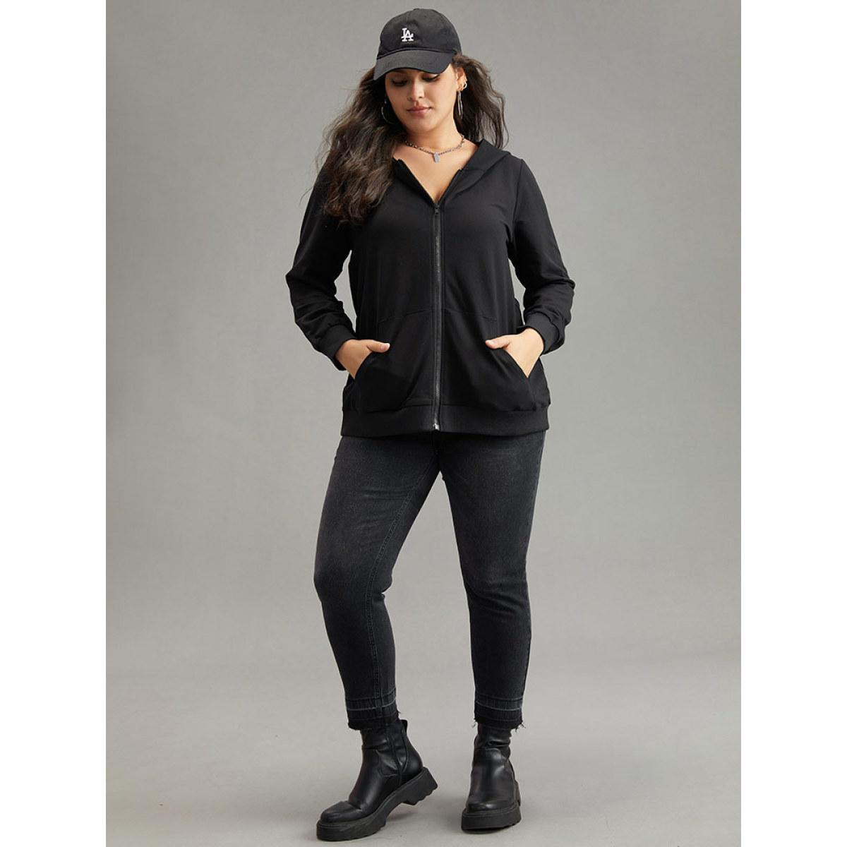 Plus Size Cotton Solid Pocket Hooded Sweatshirt Women Black Casual Elastic cuffs Hooded Dailywear Sweatshirts BloomChic 30/6X Product Image