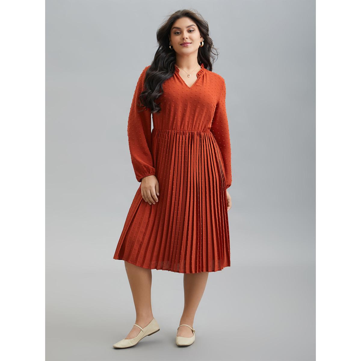 Plus Size Notched Collar Textured Pleated Midi Dress OrangeRed Women Casual Texture Flat collar with V-notch Long Sleeve Curvy BloomChic 14-16/1X Product Image